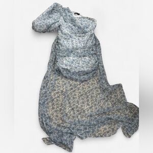 Nasty Gal 14 Blue/white Floral ruched one shoulder puff sleeve hi lo Dress